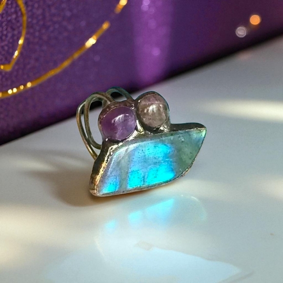 🆕️Boho Chic Labradorite & Amethyst Adjustable Copper Ring Rustic Vintage Style - Picture 12 of 16